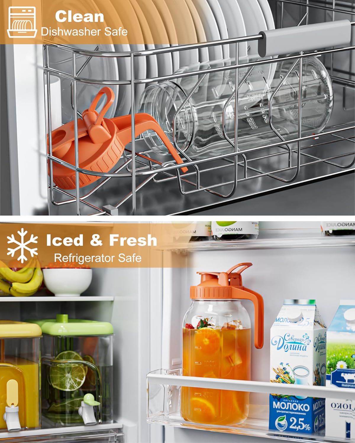 Glass Pitcher with Airtight Lid and Spout, 64oz Glass Mason Jar | Wide Mouth | Leakproof | Water Jug for Juice, Sun Iced Tea, Cold Brew Coffee, Milk Storage, Orange