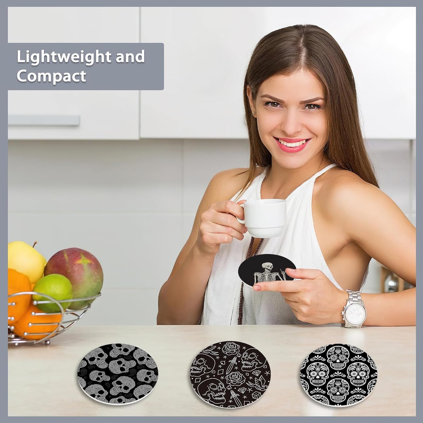 Drink Coasters Set of 6 with Holder,Human Skeleton Posing Skull Head Absorbent Ceramic Coasters with Cork Base,Fit All Cups,Tabletop Protection Mat for Mugs and Cups,Office,Kitchen