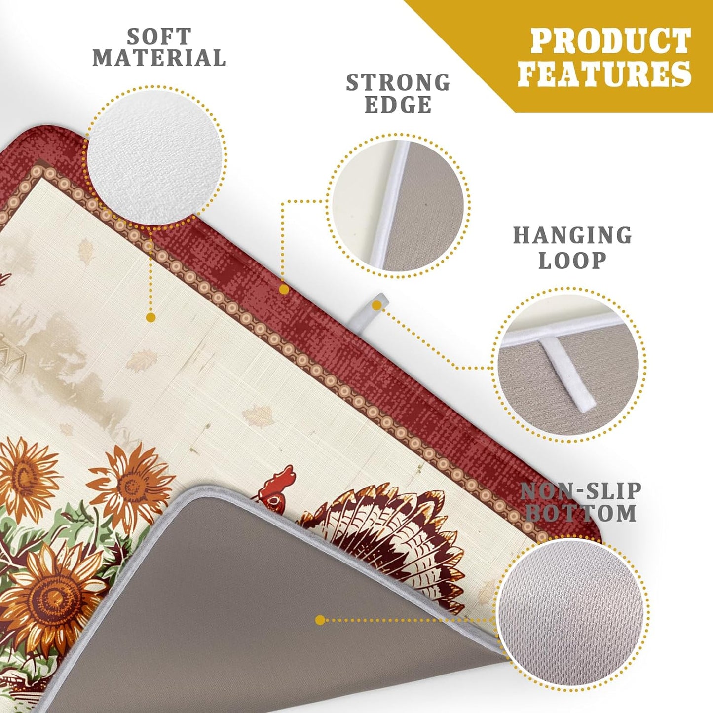 Rustic Turkey Dish Drying Mat for Kitchen Countertop 18x24 inch Fall Thanksgiving Pumpkin Sunflowers Harvest Dish Drainer Mats Fast Drying Farmhouse Country Style Dish Drying Pad Holiday Decor Large