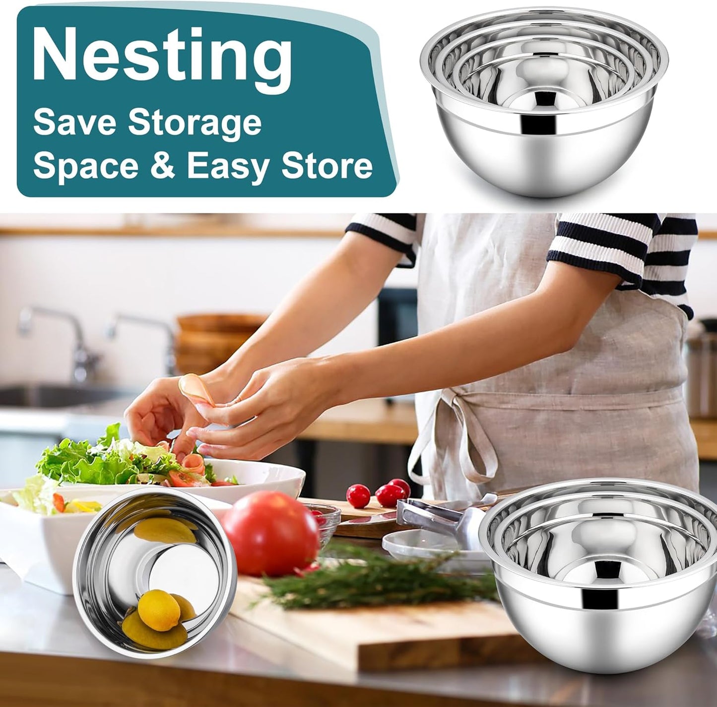 E-far Mixing Bowls with Lids, 6-Piece Stainless Steel Salad Bowls Metal Nesting Bowls for Baking Cooking and Prepping, Airtight Lids & Stackable Design, Size 4.5, 3, 1.5 QT (Blue)