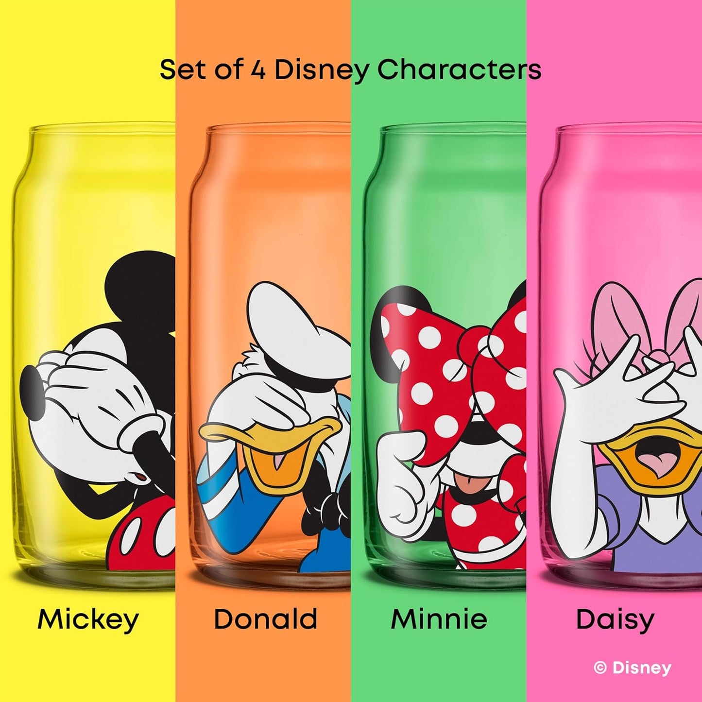 JoyJolt Disney Mickey Mouse & Friends Peek-a-Boo Collection Tumblers, 16oz Can Shape Tumbler Drinking Glass Cups Set, Glass Tumbler Set of 4 w/Glass Straws, Disney Gifts, Mickey Mouse Glasses