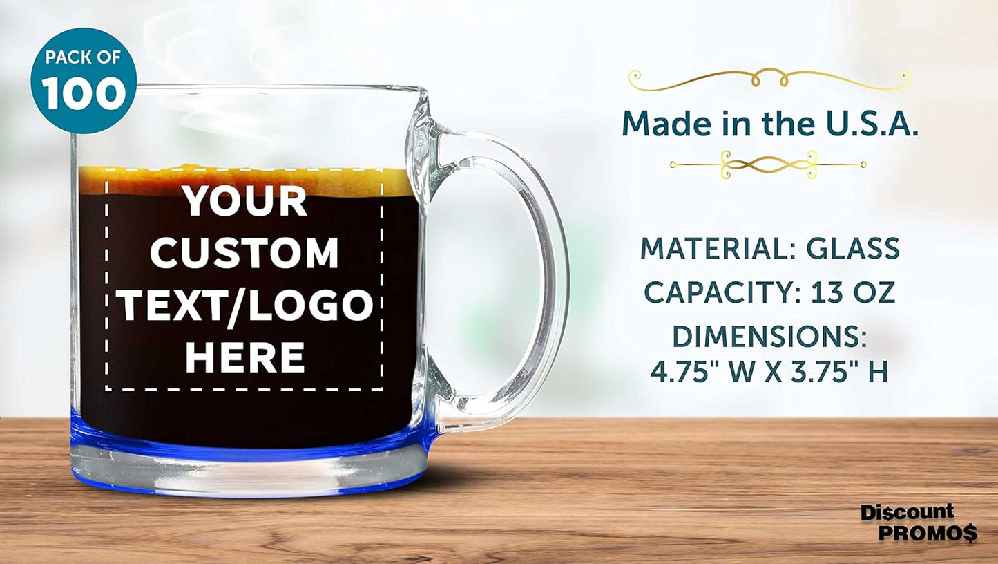 Custom Clear Glass Coffee Mugs 13 oz. Set of 100, Personalized Bulk Pack - Perfect for Coffee, Tea, Espresso, Hot Cocoa, Other Beverages - Blue Bottom