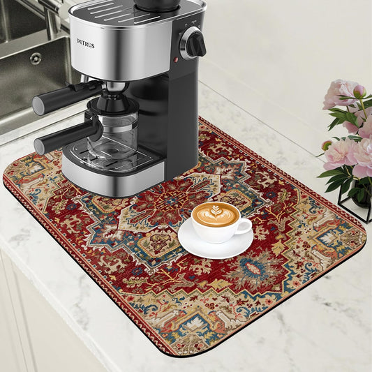 Boho Dish Drying Mat Persian Tribal Coffee Bar Mat for Countertop Absorbent Rubber Backed Hide Stain Dish Drainer Rack Pad Coffee Maker Espresso Machine Dining Room Decoration 11.8 x 19.7 Inch