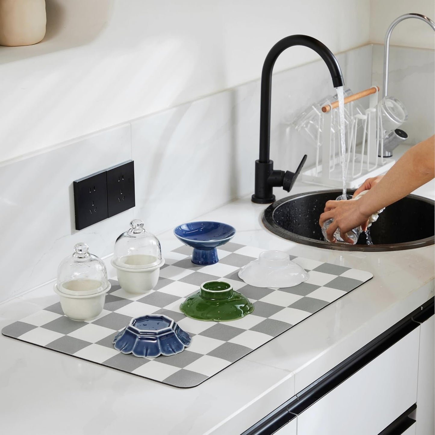 Checkered Dish Drying Mat for Kitchen Counter, Coffee Bar Station Accessories, Retro Cute Aesthetic Modern Absorbent Drainer Mat Kitchen Drying Mat Easy Clean, Grey 12" x 19"