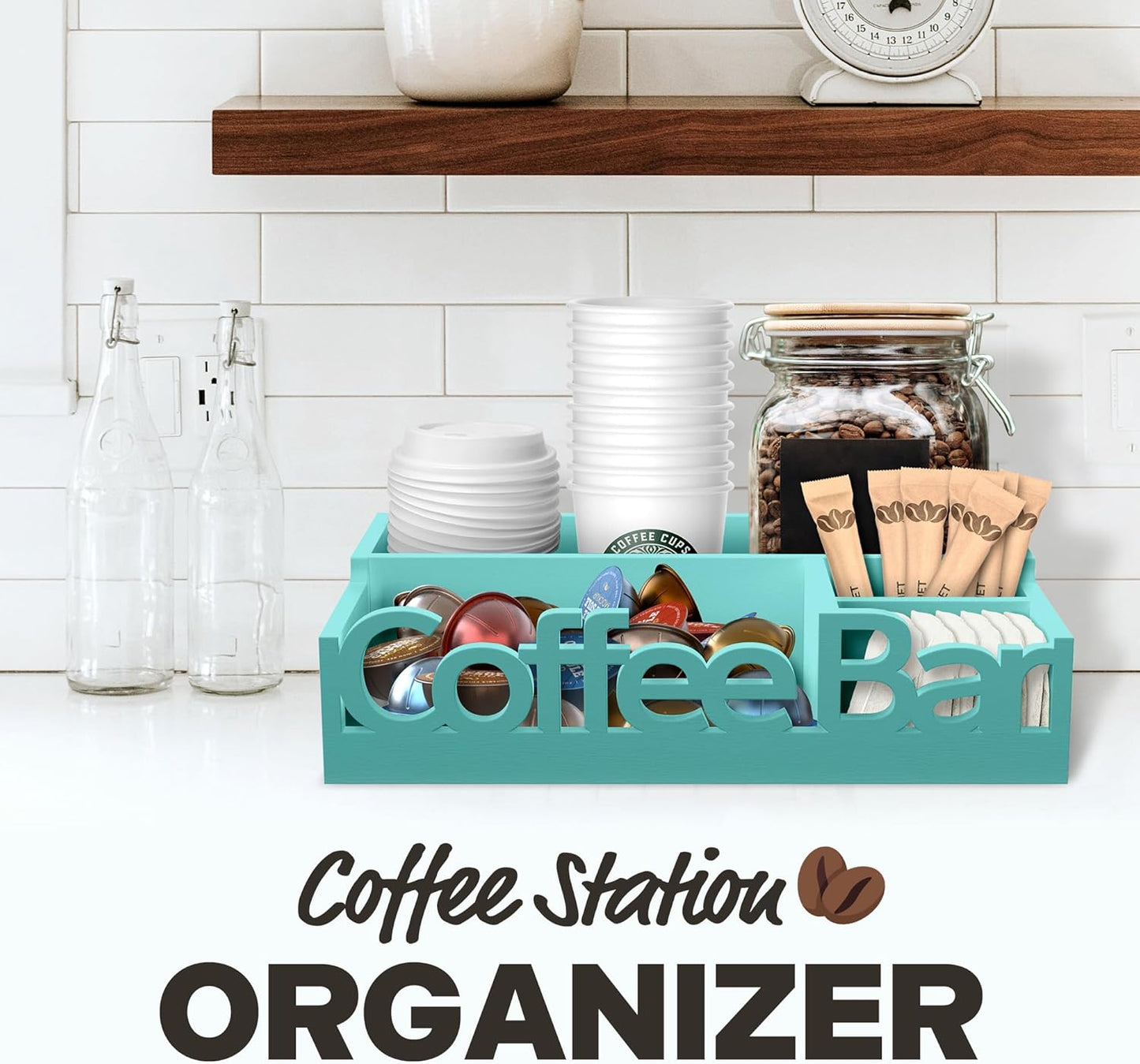Coffee Bar Organizer for Countertop - Wood Coffee Pods Holder Storage Basket, Essential Coffee Bar Accessories for Home and Office, Mini Coffee Bar