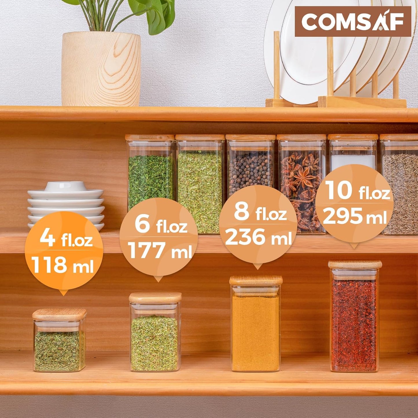 ComSaf 16Pcs Glass Spice Jars with Bamboo Lid, 4oz Airtight Square Spice Containers with 275 Black Lables, Empty Seasoning Jars for Spice Salt Sugar