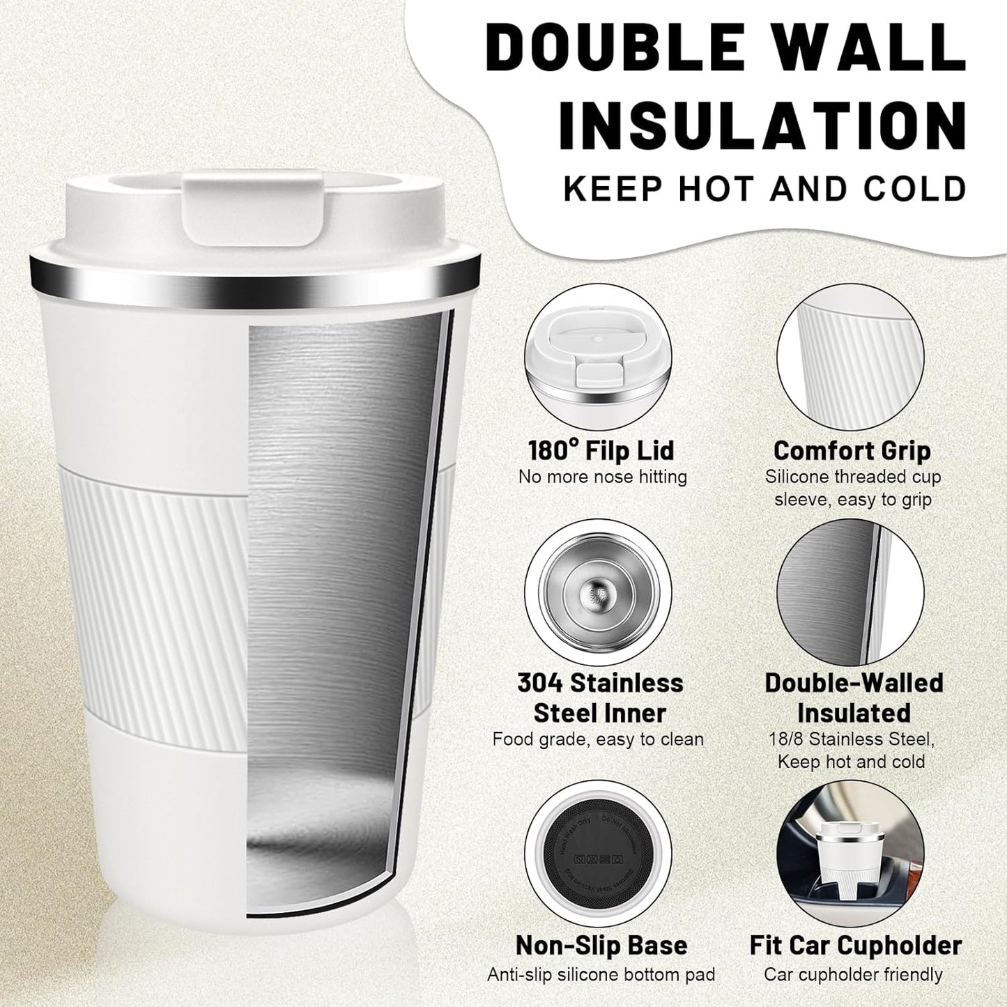 Insulated Coffee Tumblers with Flip Lid 12oz / 17oz, Stainless Steel Travel Coffee Mug Leak Proof, Vacuum Insulated Coffee Mug Reusable Cup, Keeps Cold and Hot for Coffee Tea