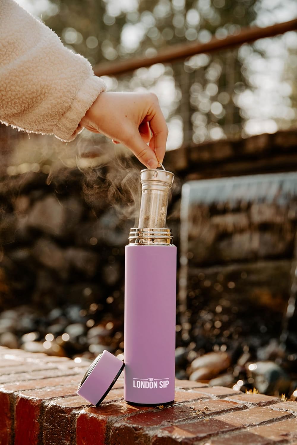 London Sip Multi-Purpose Tea Infuser Travel Mug and Tumbler Fruit Infuser Flask Hot and Cold Double Wall Stainless Steel Thermos with Extra-Long Infuser, Gentle Lilac