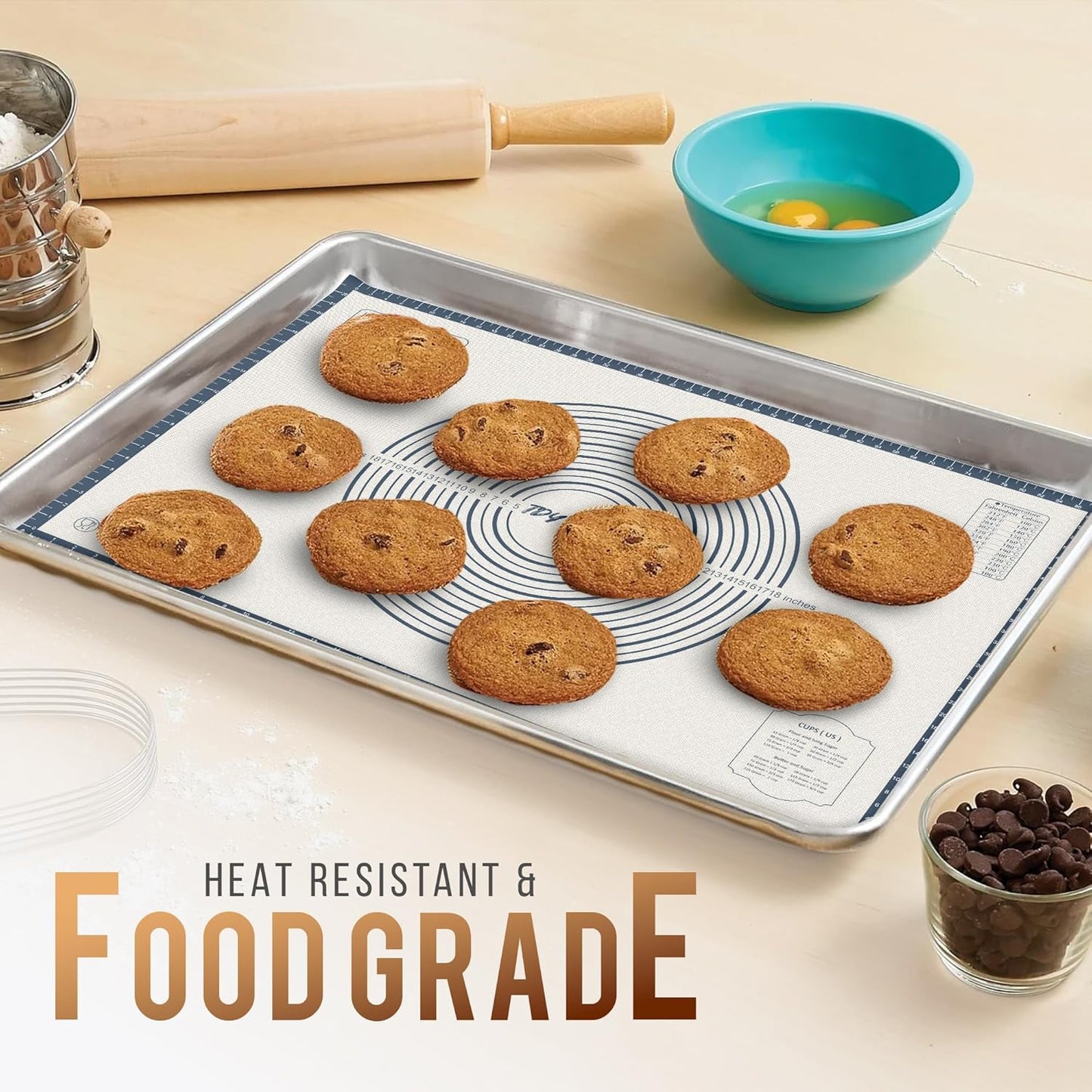 36 * 24 inches Grey, Non-Slip Silicone Baking Sheets - Baking Mat with 0.7mm Thickness - Non-Stick Pastry & Cookie Mat for Kitchen Counter for Rolling Out Dough with Measurements.