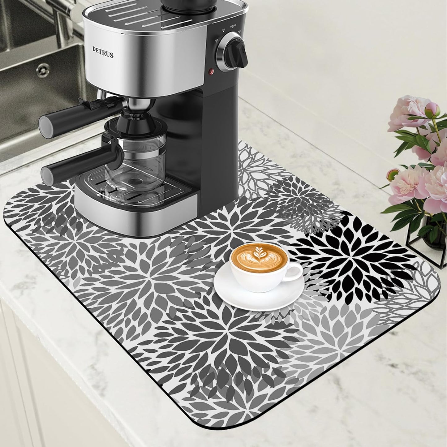 Dish Drying Mat Black and White Chrysanthemum Flower Coffee Bar Mat Absorbent Coffee Mat Rubber Backed Hide Stain Dish Drainer Rack Mat Coffee Maker Coffee Pot Dining Room Decoration 11.8 x 19.7 Inch