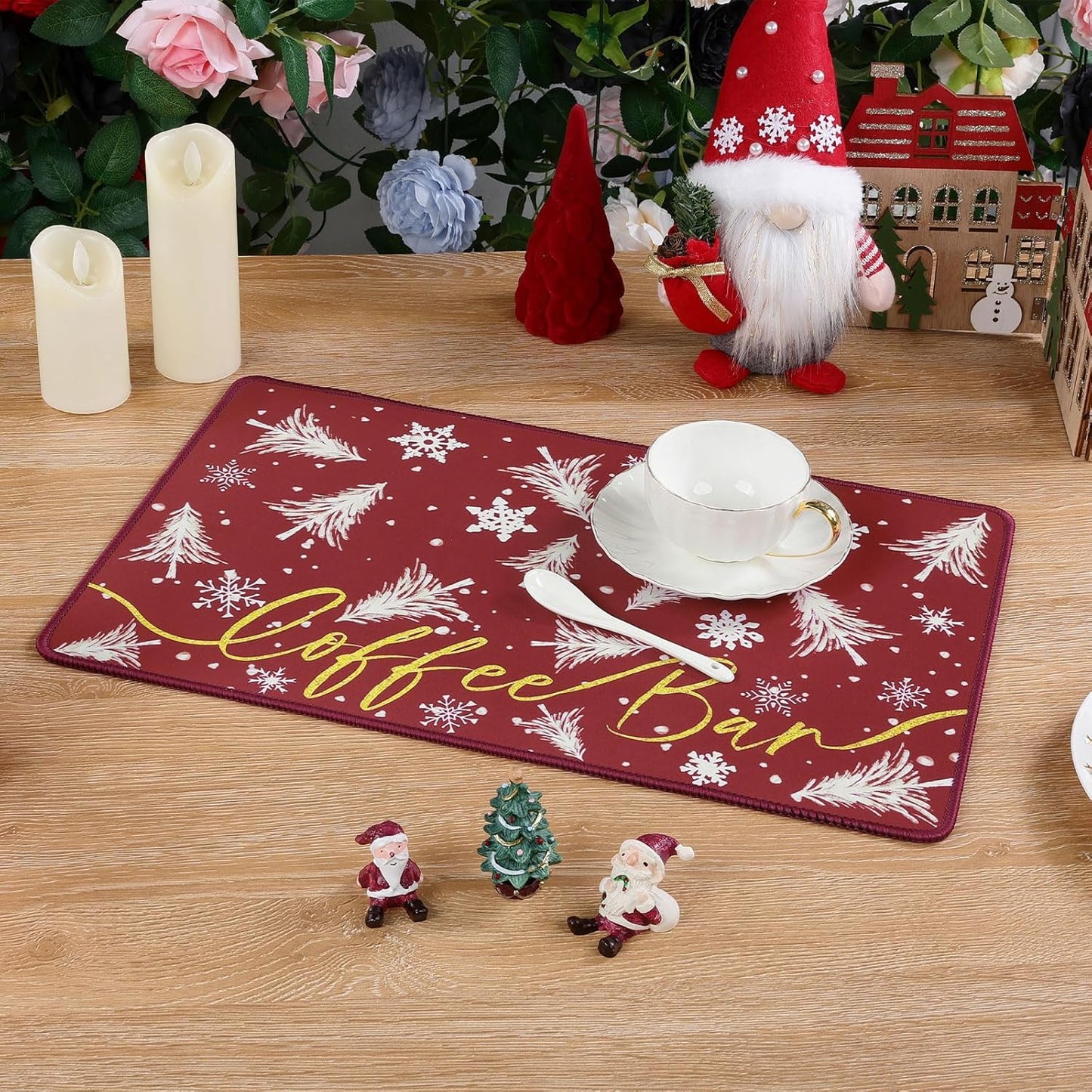 SHACOS Christmas Coffee Mat 2-Pack 12x19 Absorbent Non Slip Coffee Maker Mat for Countertop Accessories Heat Resistant, Christmas Red