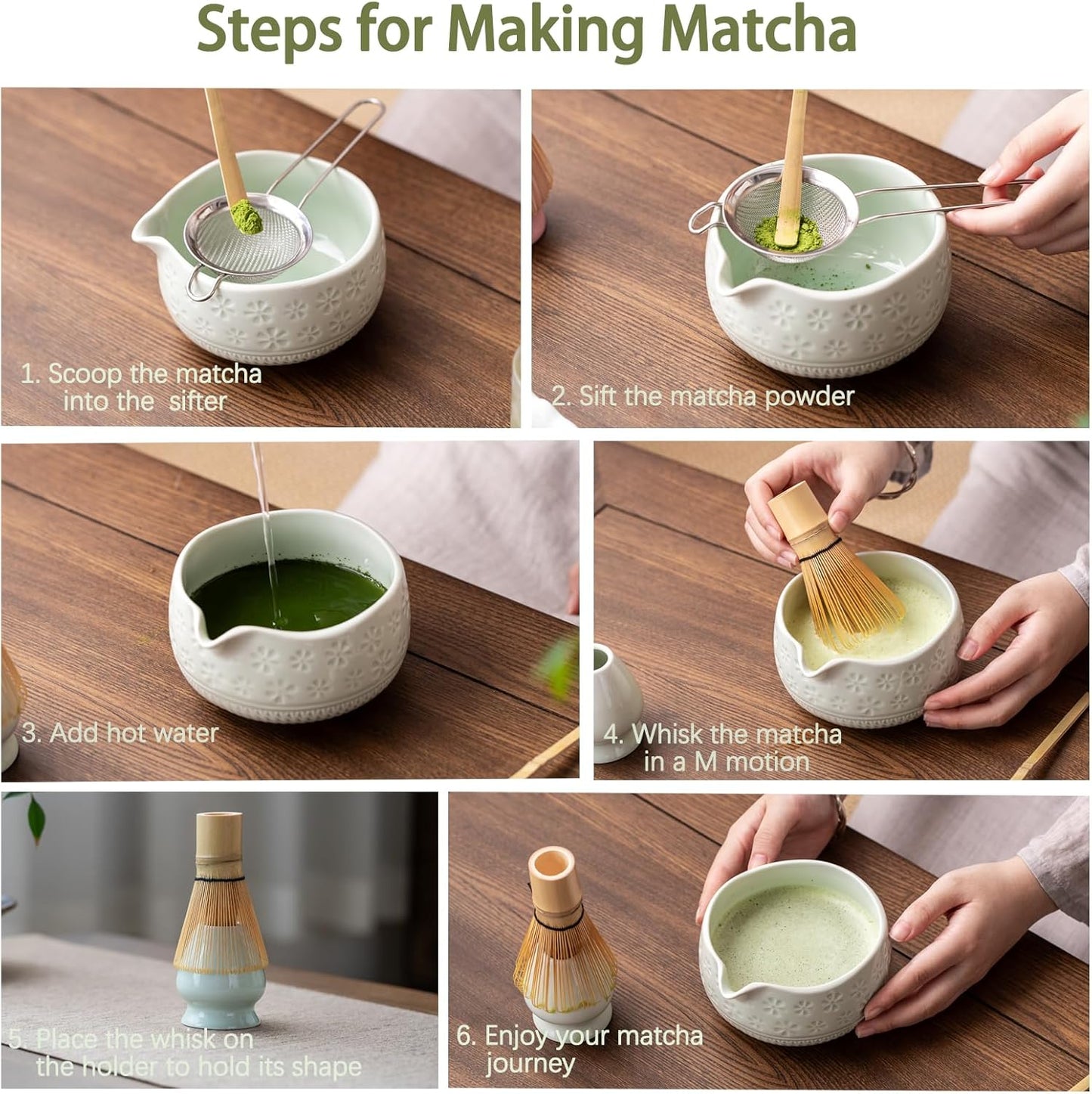 Matcha Whisk Set, Ceramic Matcha Set Includes Matcha Bowl, Matcha Whisk and Holder, Bamboo Scoop, Scoop Rest, Sifter and Tea Towel - 7 Pcs Matcha Kit for Matcha Lovers (Mint)