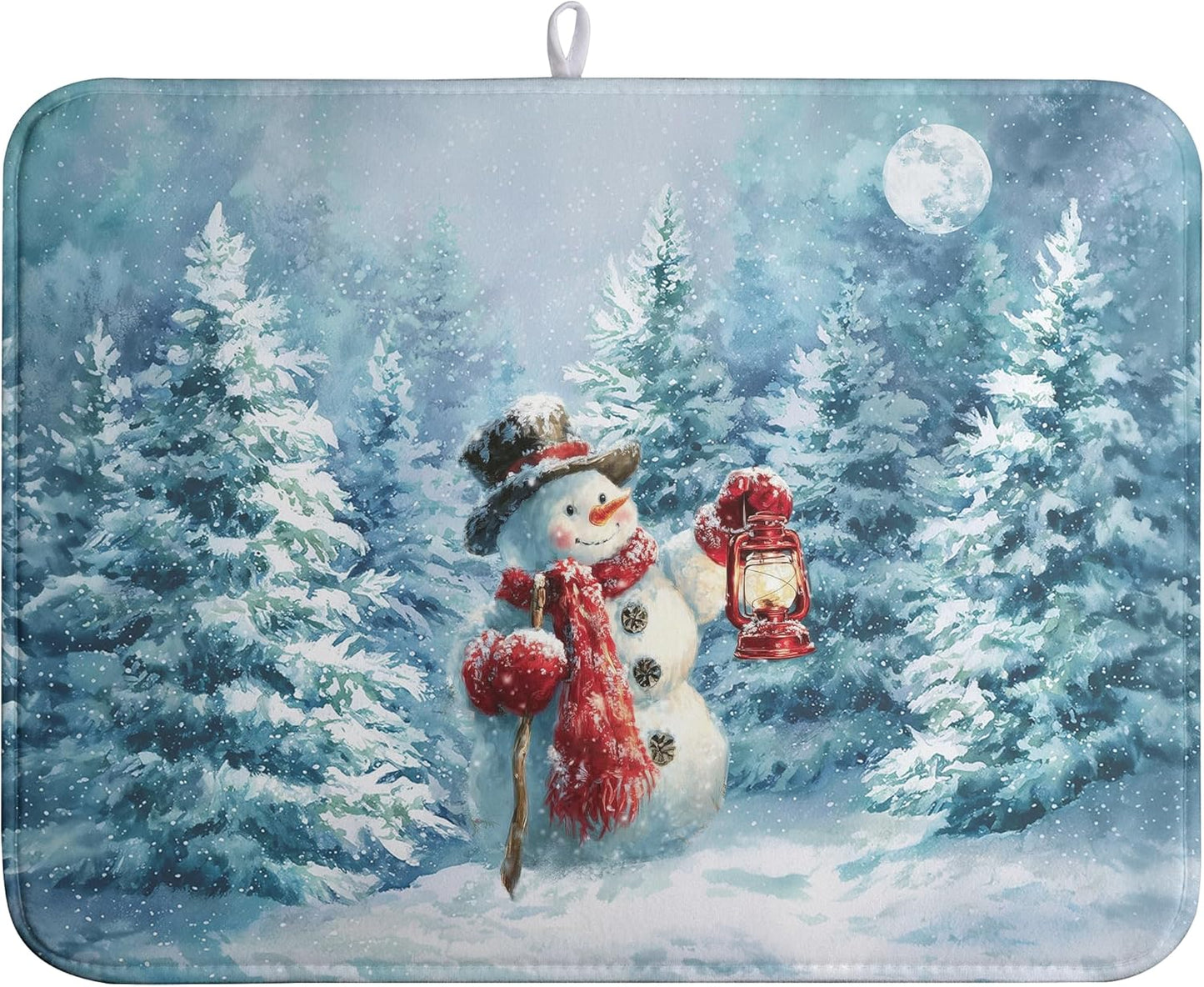 Winter Blue Snowman Dish Drying Mat Christmas Pine Tree Large Kitchen Mats Dish Drying Pad Xmas Absorbent Dish Dryer Mat for Kitchen Countertops Microfiber Drainer Pad Dish Drying Mats (18x24 in)