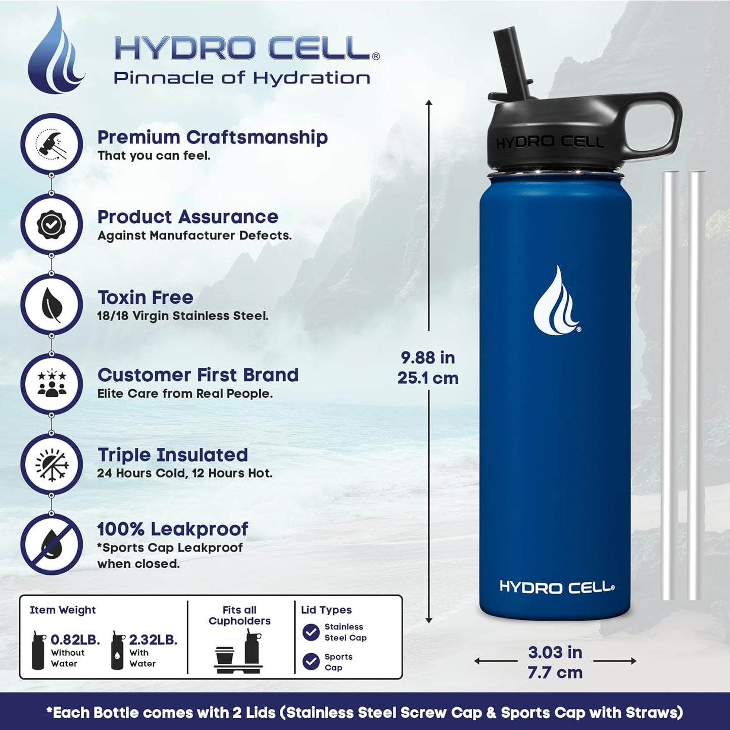 HYDRO CELL Stainless Steel Insulated Water Bottle with Straw - For Cold & Hot Drinks - Metal Vacuum Flask with Screw Cap and Modern Leakproof Sport Thermos for Adults (Navy 24oz)
