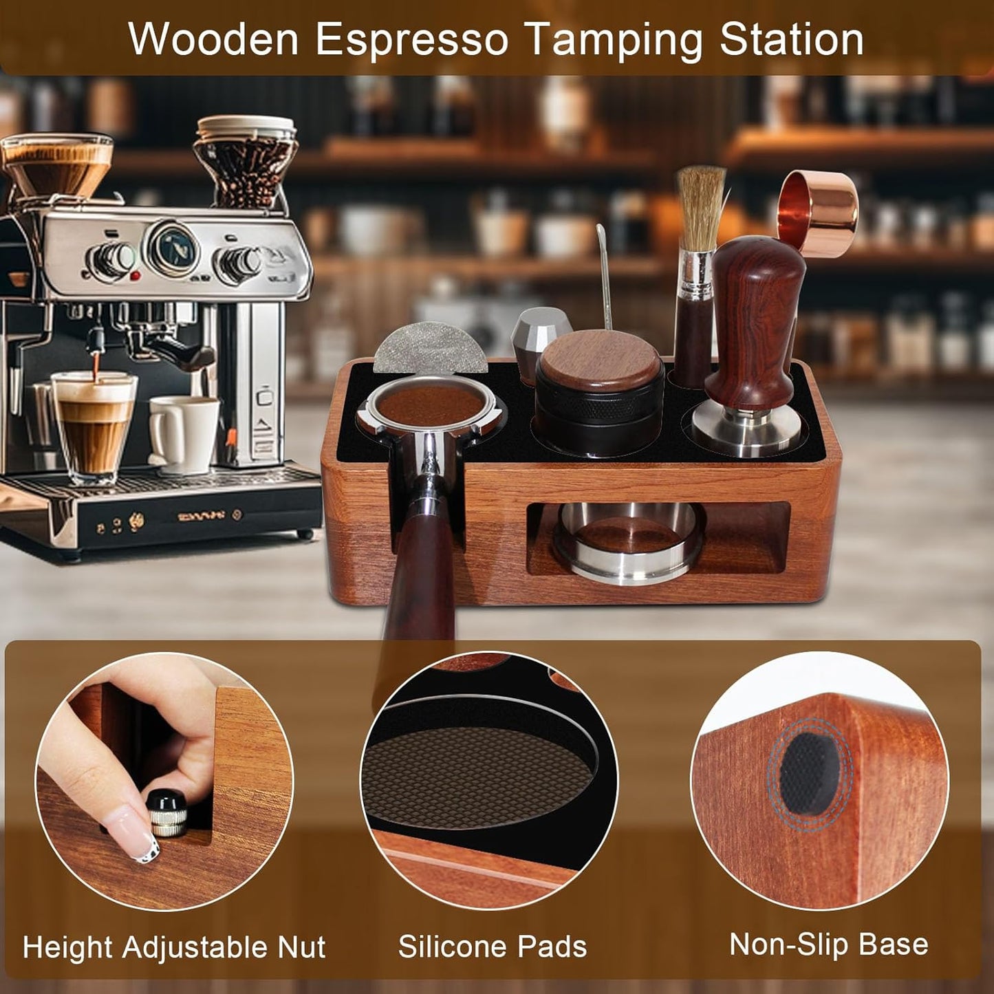 Espresso Tamping Station,9 in 1 Espresso Station,Multifunctional Tamper Station Fit for 51/54mm Espresso Accessories,Wooden Espresso Station,Adjustable Height Portafilter Holder (Red Black, 51mm-58mm)