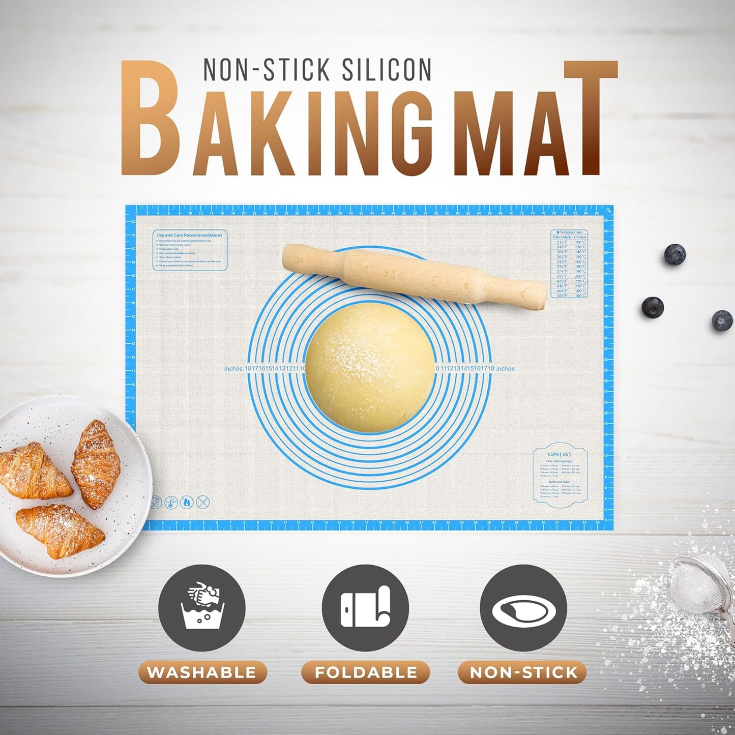 28 * 20 inches Blue, Non-Slip Silicone Baking Sheets - Baking Mat with 0.7mm Thickness - Non-Stick Pastry & Cookie Mat for Kitchen Counter for Rolling Out Dough with Measurements.