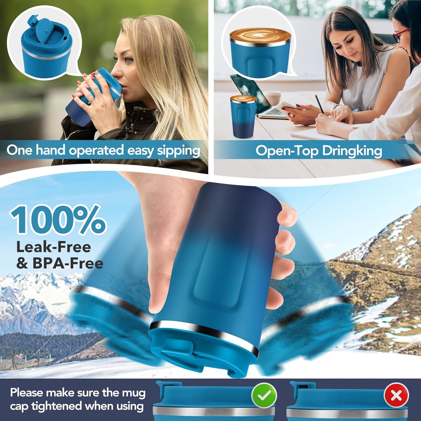 Volhoply 12 oz Double Wall Insulated Vacuum Travel Coffee Mug with Flip Lid Bulk 4 Pack,Reusable Stainless Steel Leak Proof Coffee Cups,Portable Thermal Tumbler for Hot & Cold Drinks(Dark Night,4 Set)