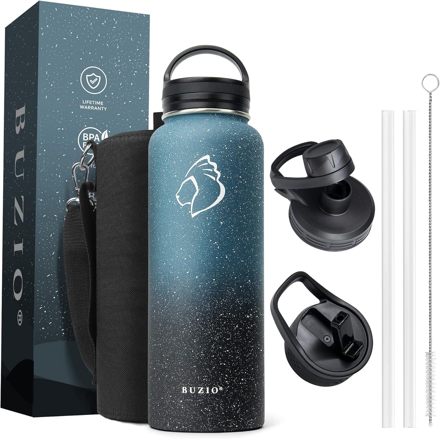 BUZIO 40 oz Water Bottle Insulated with Straw & 3 lid and Carrying Pouch, Leak Proof Anti-Slip Stainless Steel Water Flask Jug, Cold for 48 Hrs Double Vacuum Thermo Canteen, BPA-Free, Starry Indigo