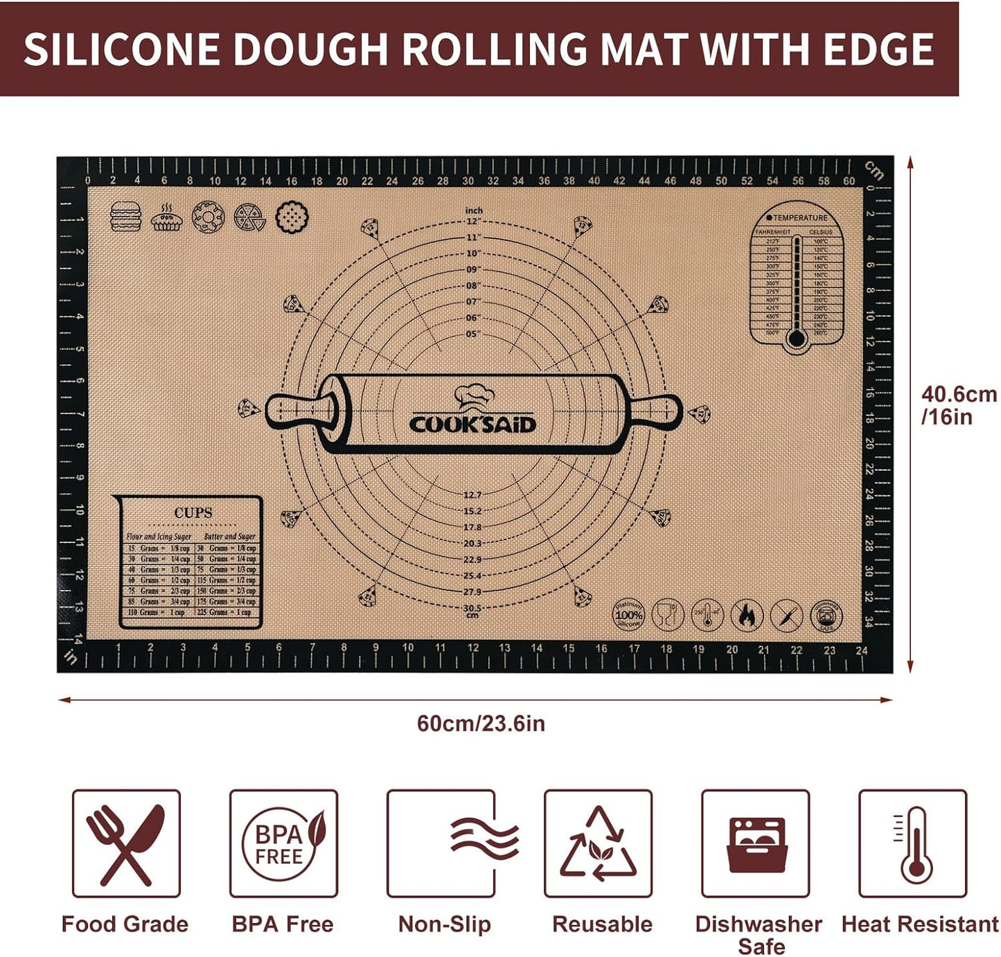 Cook's Aid Silicone Pastry Mat Extra Large with Measurements 26''x16'' for Reusable,Non-slip Silicone Baking Mat, Counter, Dough Rolling, Oven Liner,Fondant/Pie Crust,Dark Gray