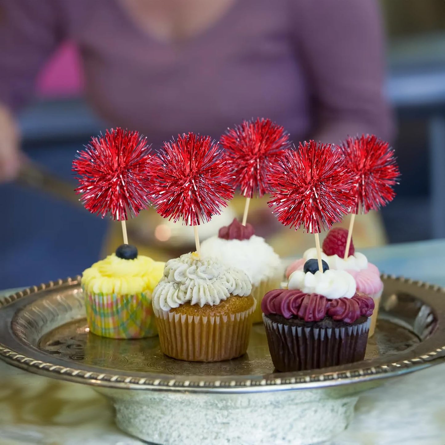 Gyufise 30Pcs Foil Firework Cupcake Toppers Sparkle Tinsel Cake Toppers Tinsel Drink Cake Decoration Cocktail Picks for Birthday Wedding Graduation Party Supplies Dark Red