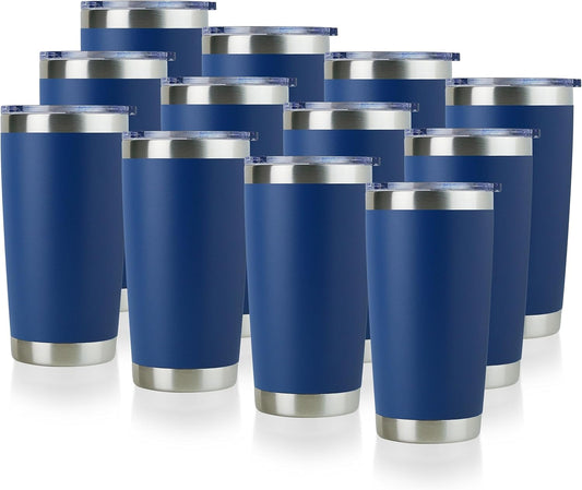 DOMICARE 20oz Stainless Steel Tumbler Bulk with Lid, Double Wall Vacuum Insulated Travel Mug, Powder Coated Coffee Cup, Dark Blue, 12 Pack