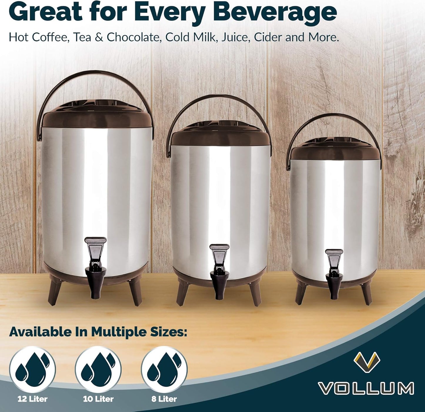 Stainless Steel Insulated Beverage Dispenser – Insulated Thermal Hot and Cold Coffee Carafe – 8 Liter Drink Dispenser with Spigot for Hot Water, Tea & Coffee, Cold Milk, Juice & More BROWN…