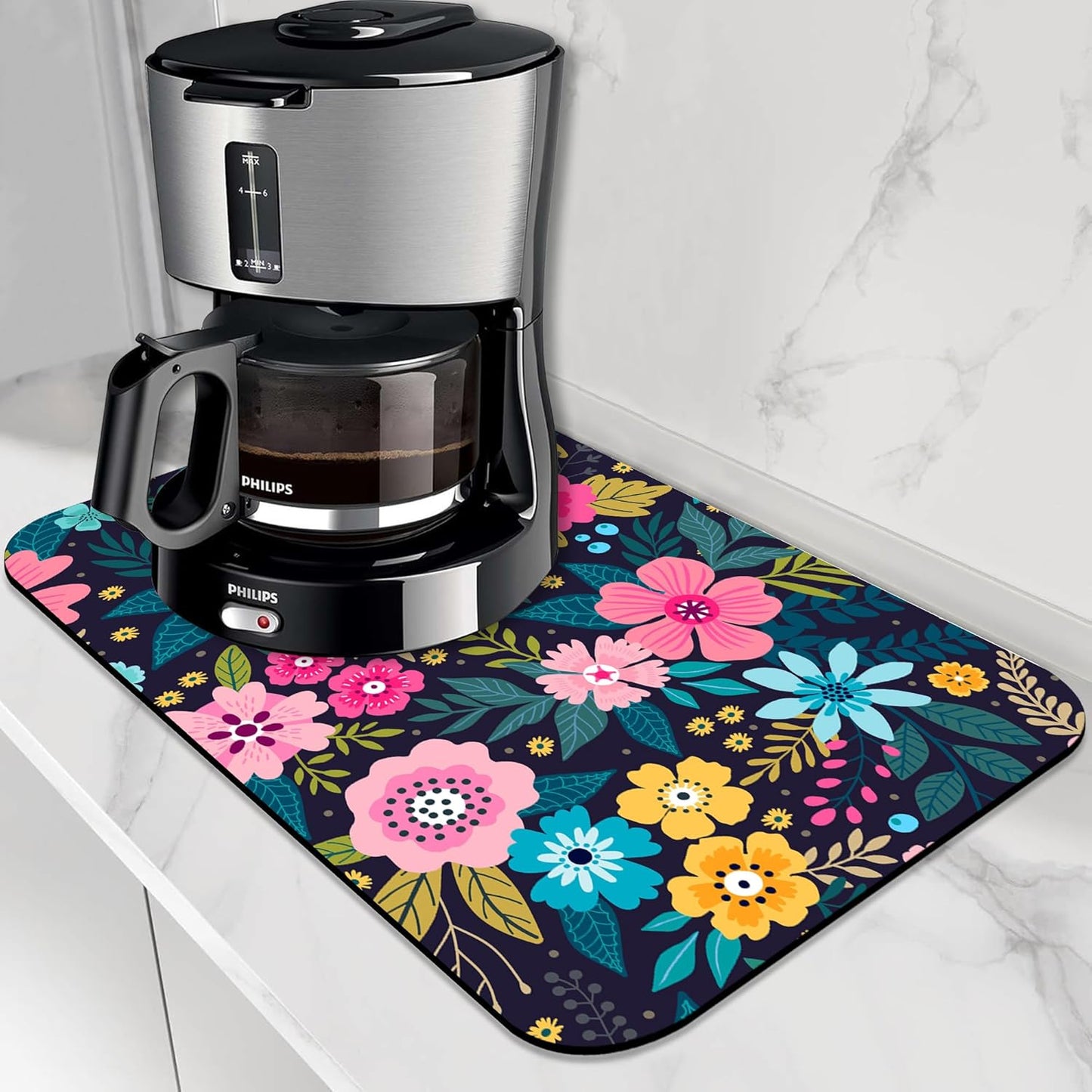 Dish Drying Mat Bright Colorful Flowers Leaves Coffee Mat,12"X19" Bsorbent Dish Drying Pad for Sink Dishes or Under Rack Kitchen Counter Accessories Absorbent Hide Backed Drying Mat