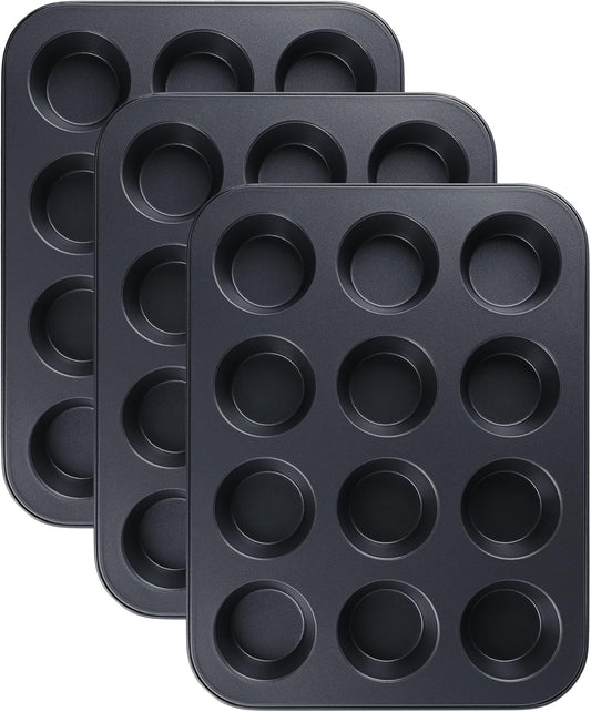 Muffin-Pan for Baking, Nonstick Cake Pan 12 Cups, 3 Pack Cup Premium Cheesecake Pans, Cupcake Baking Pan for Oven 13.2 * 10 * 1.1in Black