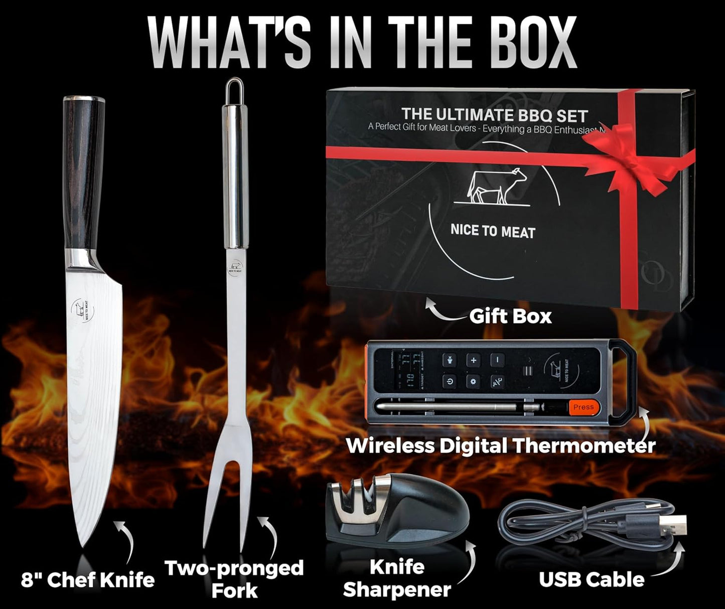 WiFi and Bluetooth Meat Thermometer Digital Wireless BBQ Set - Long Range Connection with Chef Knife, Fork, Meats Temperature Probe,Meat Thermometer Grilling, Smoking Cooking, BBQ Gift for Men