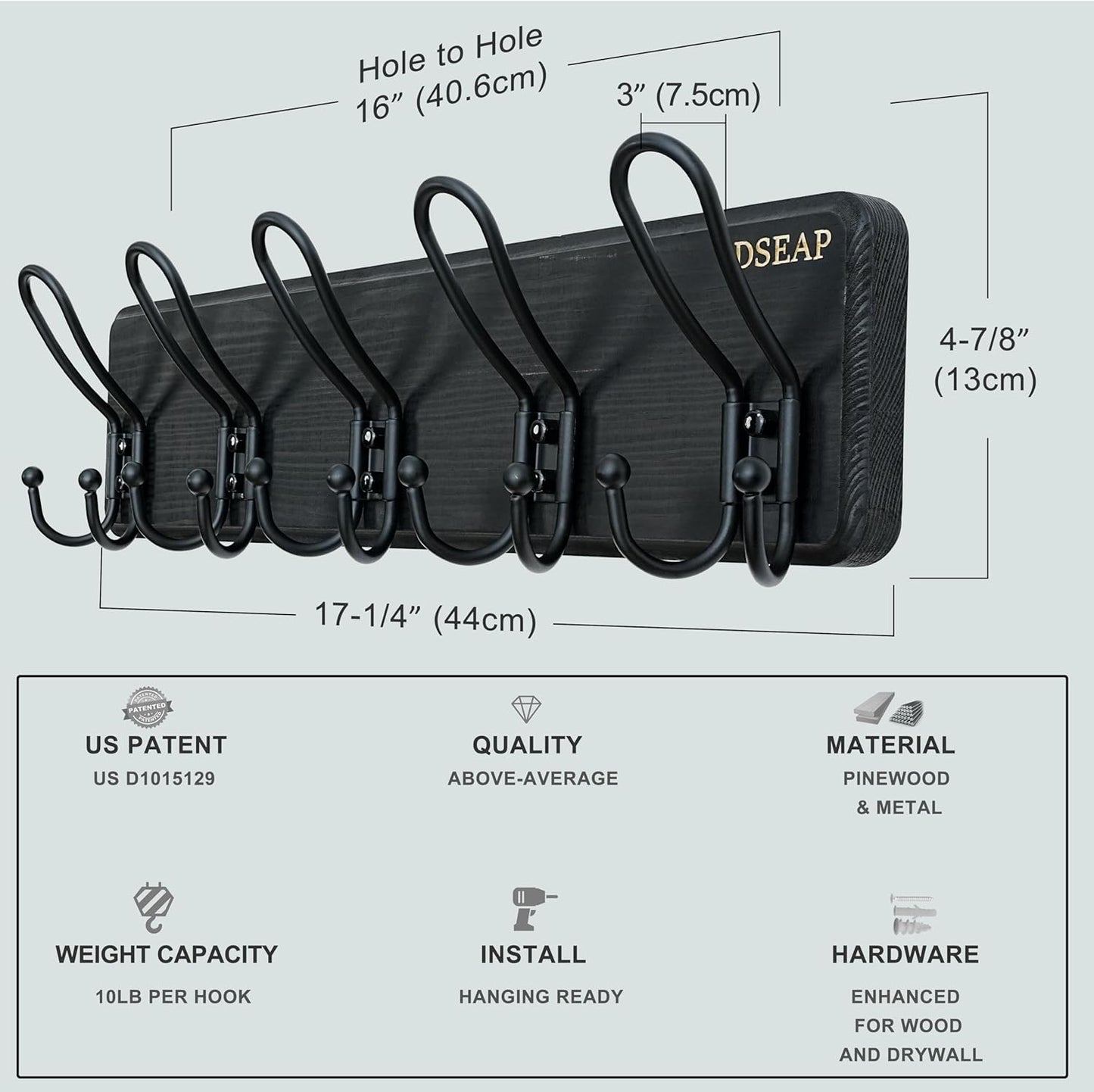 Dseap Coat Rack Wall Mounted - Heavy Duty Farmhouse Rustic Wall Coat Hanger with 5 Wire Hooks for Clothes Hat Jacket Towel, RusticWire, J1-5A, Black, Pack of 2