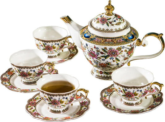 ACMLIFE Fine Bone China Tea Set, British Vintage China Set for Adults 24K Gold, Afternoon Cups and Saucers for Women Tea Party or Gift Giving (Pink and Gold)