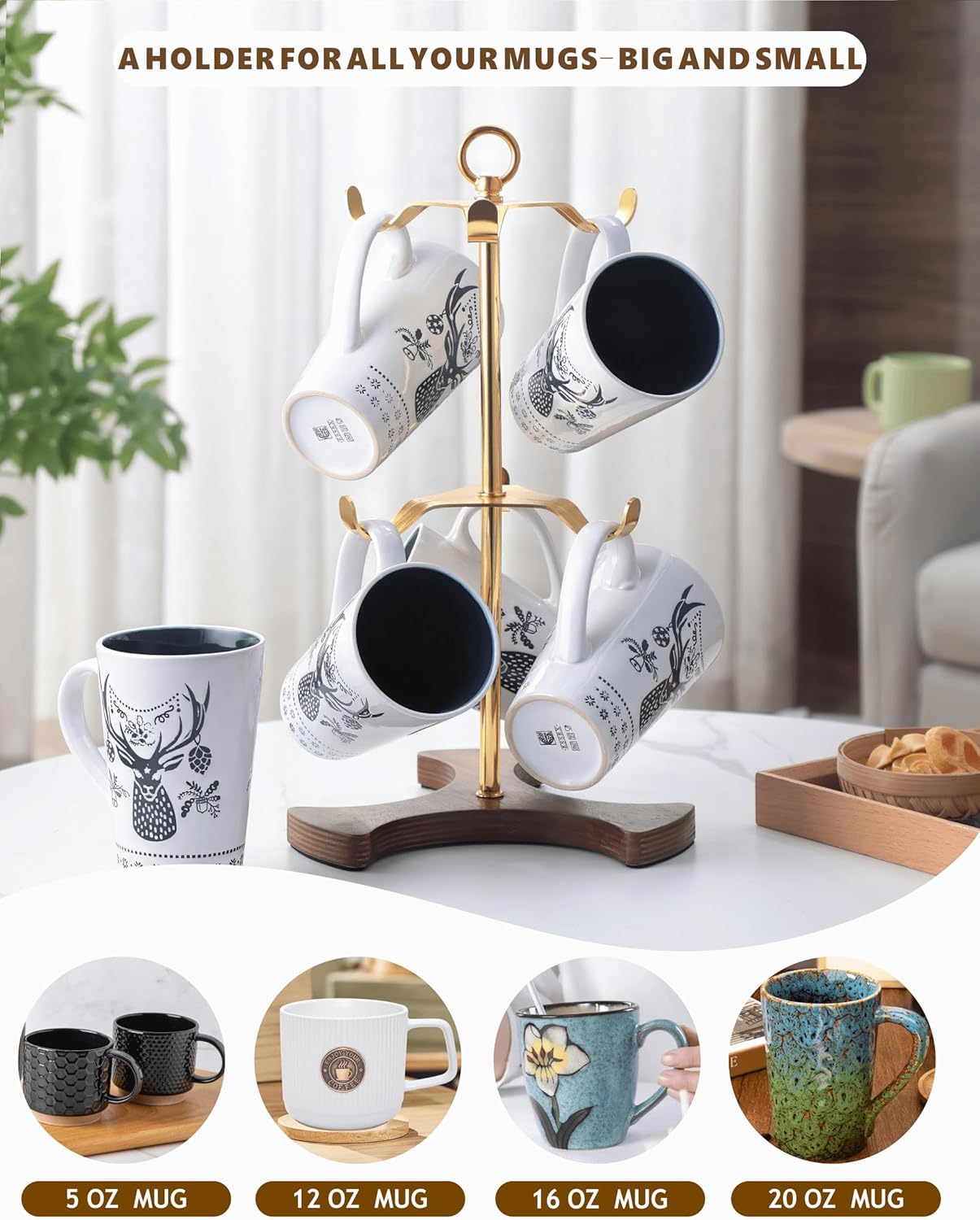 Gold Mug Holder Tree for Countertop | 2-Tier Coffee Mug Rack Holds 6 Large Mugs, 5oz to 20oz | Elegant Golden Cup Stand with Solid Wood Base | Kitchen Counter Organizer & Coffee Bar Accessories