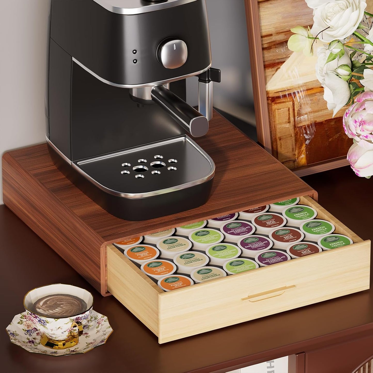 Wooden Kcup Holder for Counter,Tea and Nespresso Coffee Pod Storage Drawer,Nespresso K Cup Organizer,Keurig Pod Holder Organizer,Nespresso Coffee Bar Accessories