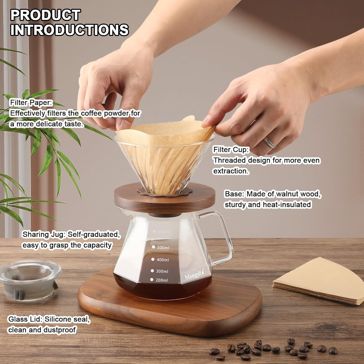 Mongdio Pour Over Coffee Maker, 20 oz V60 High-Heat Borosilicate Glass Coffee Maker with 100pcs Paper Filters, 5 in 1 Drip Coffee Maker Set for Home Café Restaurant and Camping - 600ml, Clear