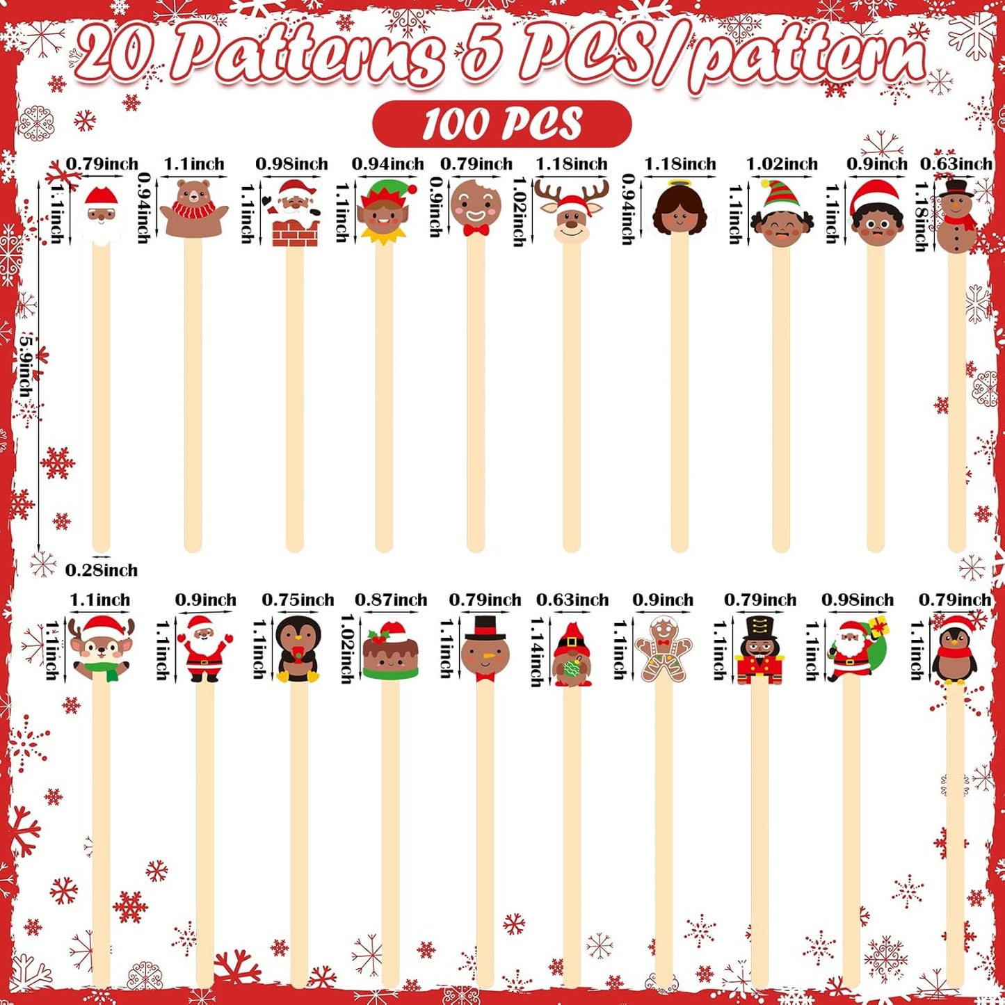 Mifoci 100 Pcs Christmas Wooded Coffee Stirrers African American Christmas Coffee Stir Sticks Disposable Stirring Sticks for Beverage Chocolate Hot Drink Party Supplies, 20 Styles (African American)