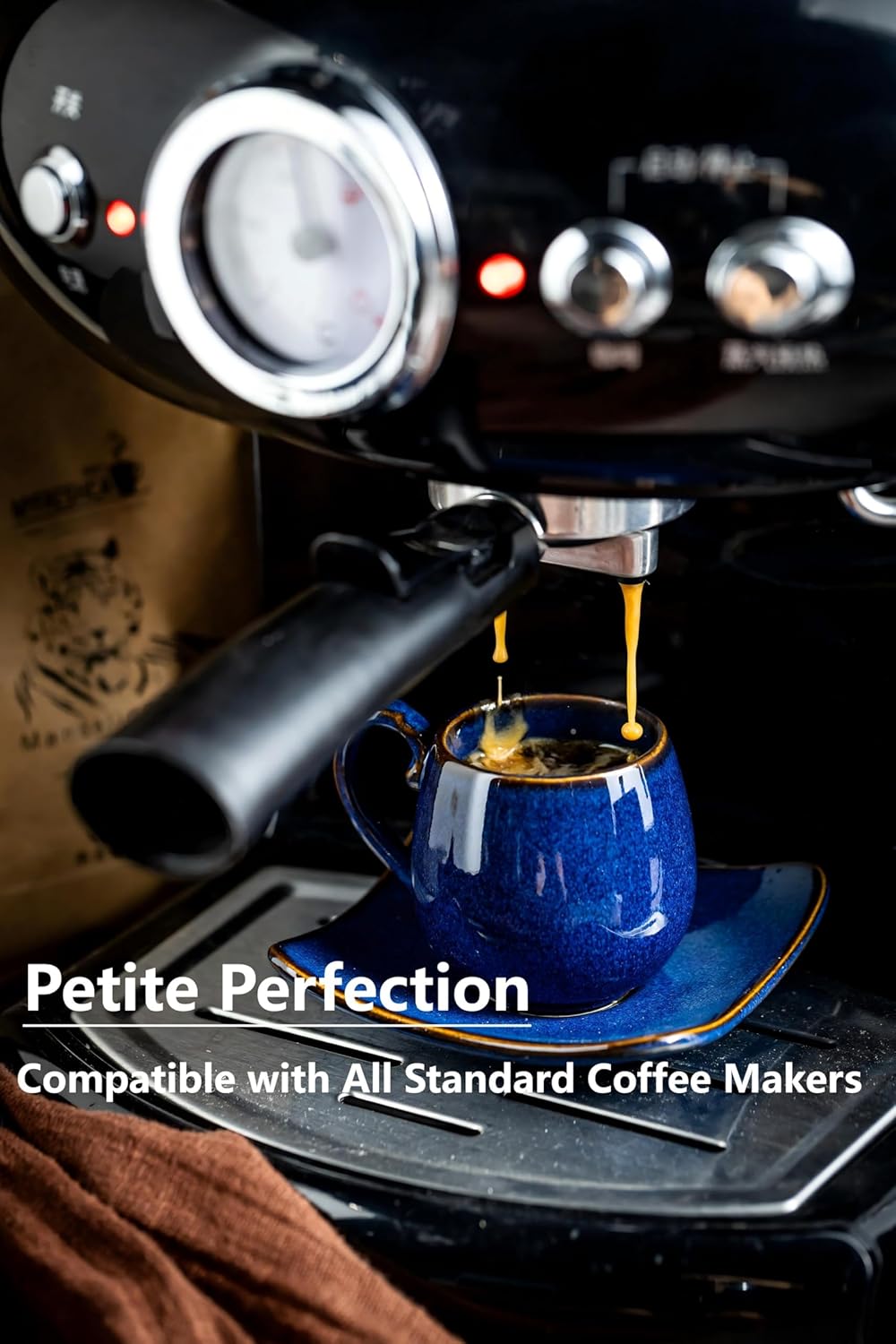 LYEOBOH 3oz Espresso Cups with Saucers, Small Coffee Cups Set of 6 with Spoons and Metal Stand, Ceramic Cute Demitasse Cups for Housewarming Wedding Gift, Cobalt Blue