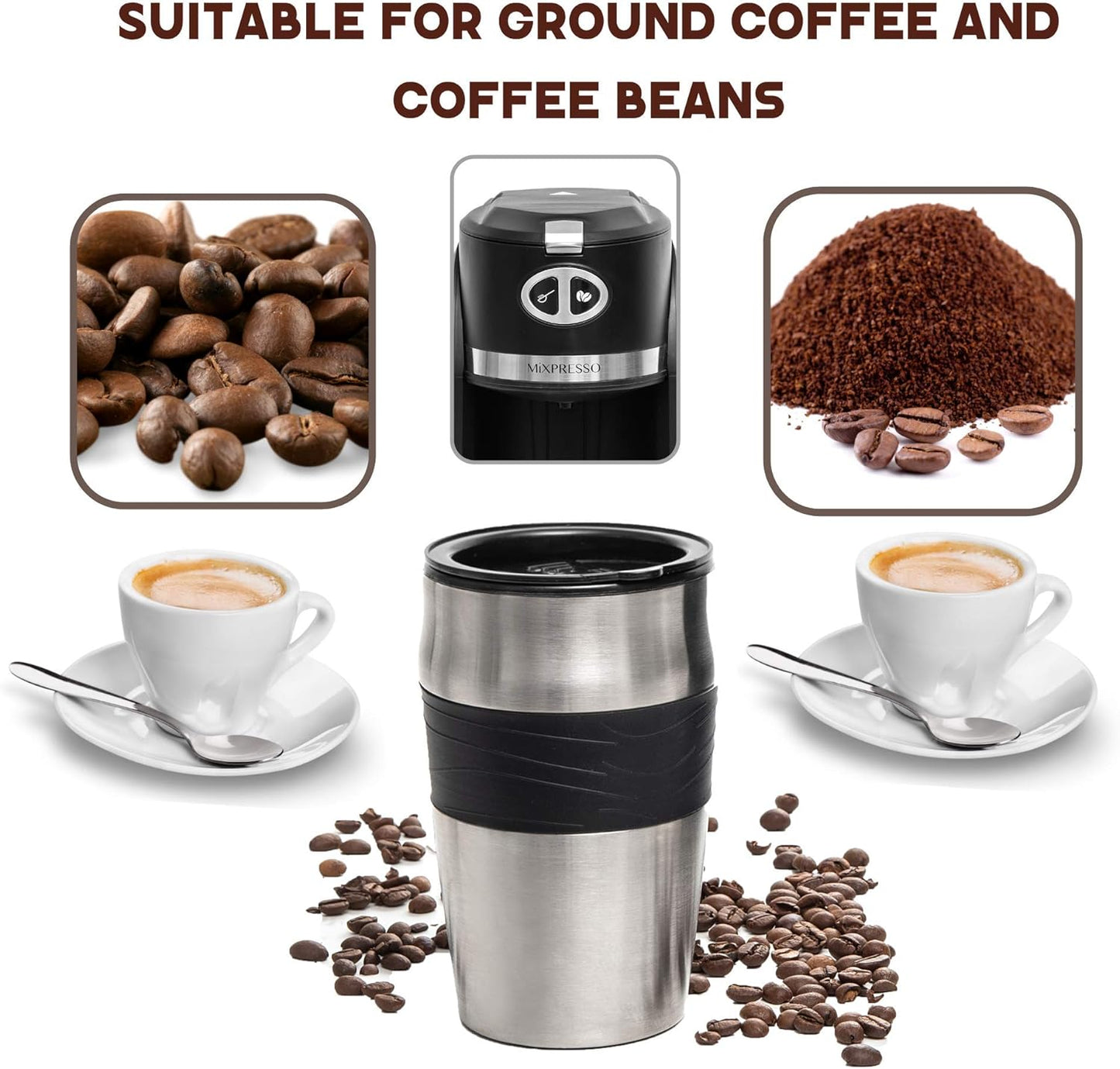 Mixpresso 2 in 1 Grind & Brew Automatic Personal Coffee Maker, Automatic Single Serve Coffee Maker with Grinder Built-In and 14oz Travel Mug, Auto Shut Off Function,Black Travel Coffee Maker