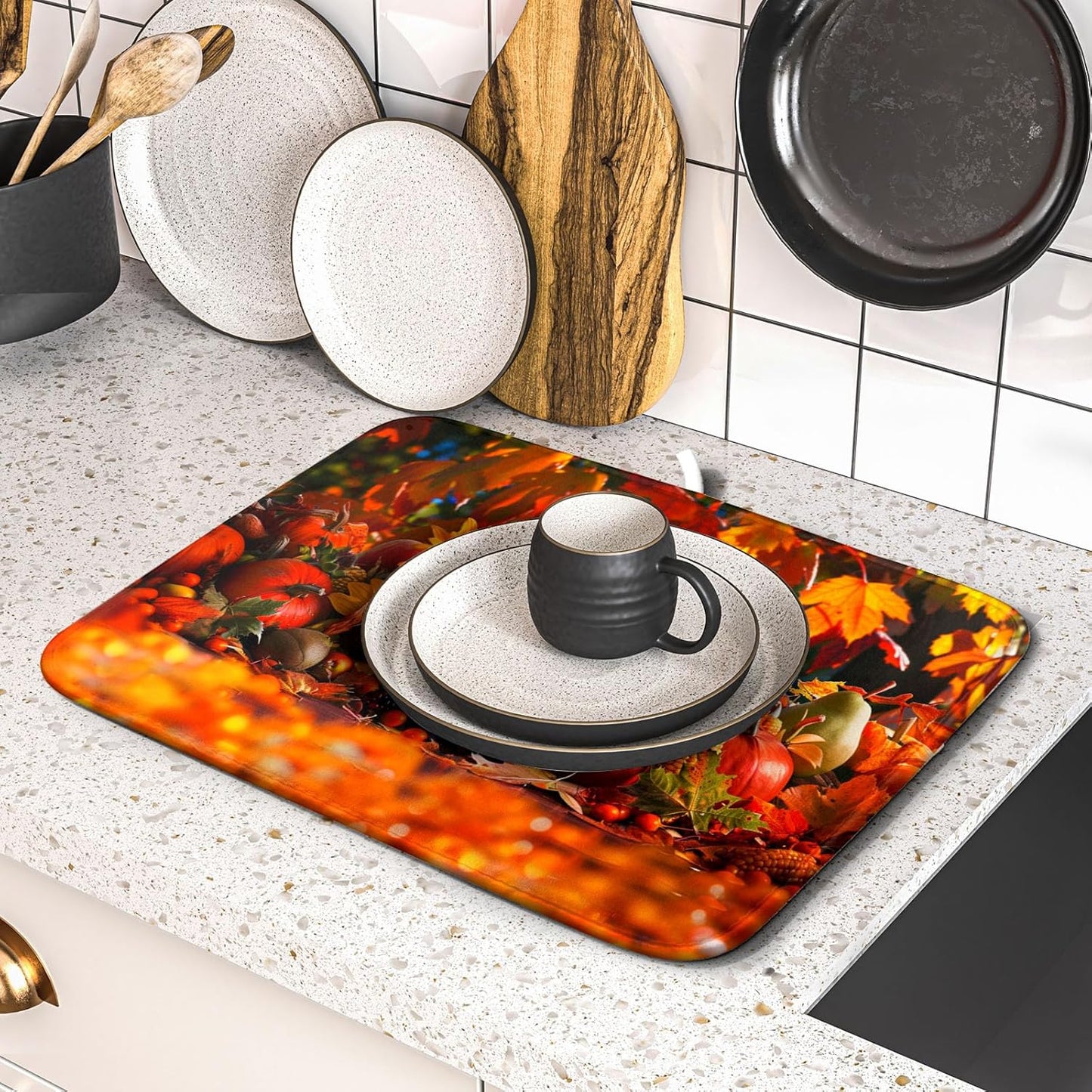 Fall Harvest Pumpkin Dish Drying Mat for Kitchen Counter,Thanksgiving Maple Leaves Sunflower Drying Mat 16 x 18 Inch with Absorbent Reversible Microfiber Dish Drying Pad for Coffee Bar