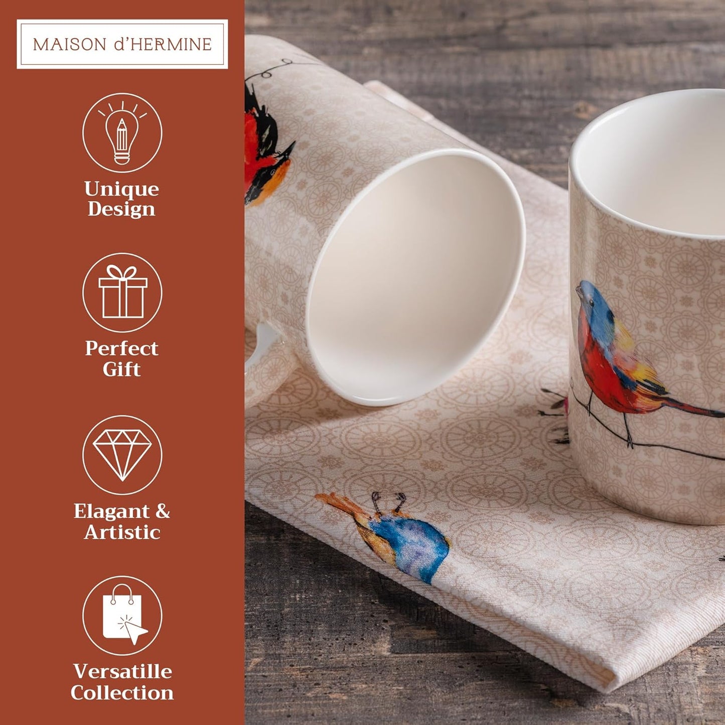Maison d' Hermine Coffee Mug with Handles Fine Bone China Mugs Pack of Two Tea Cups for Hot Beverages Cappuccino Latte Home Restaurant Office Perfect for Gift (Birdies On Wire, 12 Ounce)