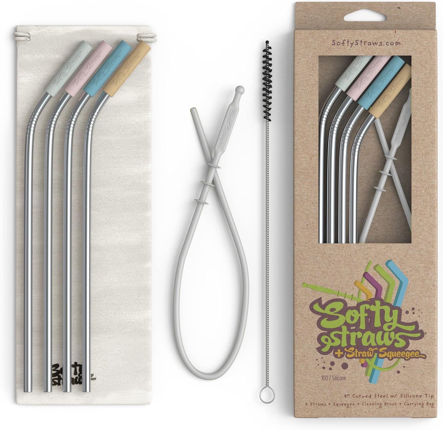 Premium Reusable Stainless Steel Drinking Straws With Silicone Tips + Patented Straw Cleaners and Carrying Case - 9” Long Metal With Curved Bend for 20/30/32oz Tumblers - Natural Colors