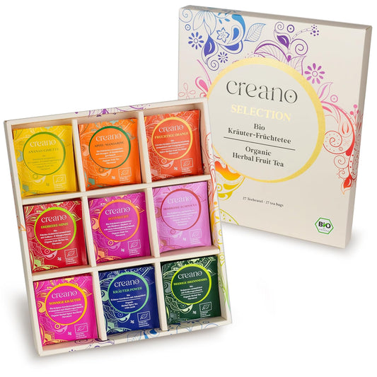 Creano Organic Fruit Tea - Herbal Tea Gift Set – 27 Organic Tea Bags in 9 Dreamy Varieties – 54 g