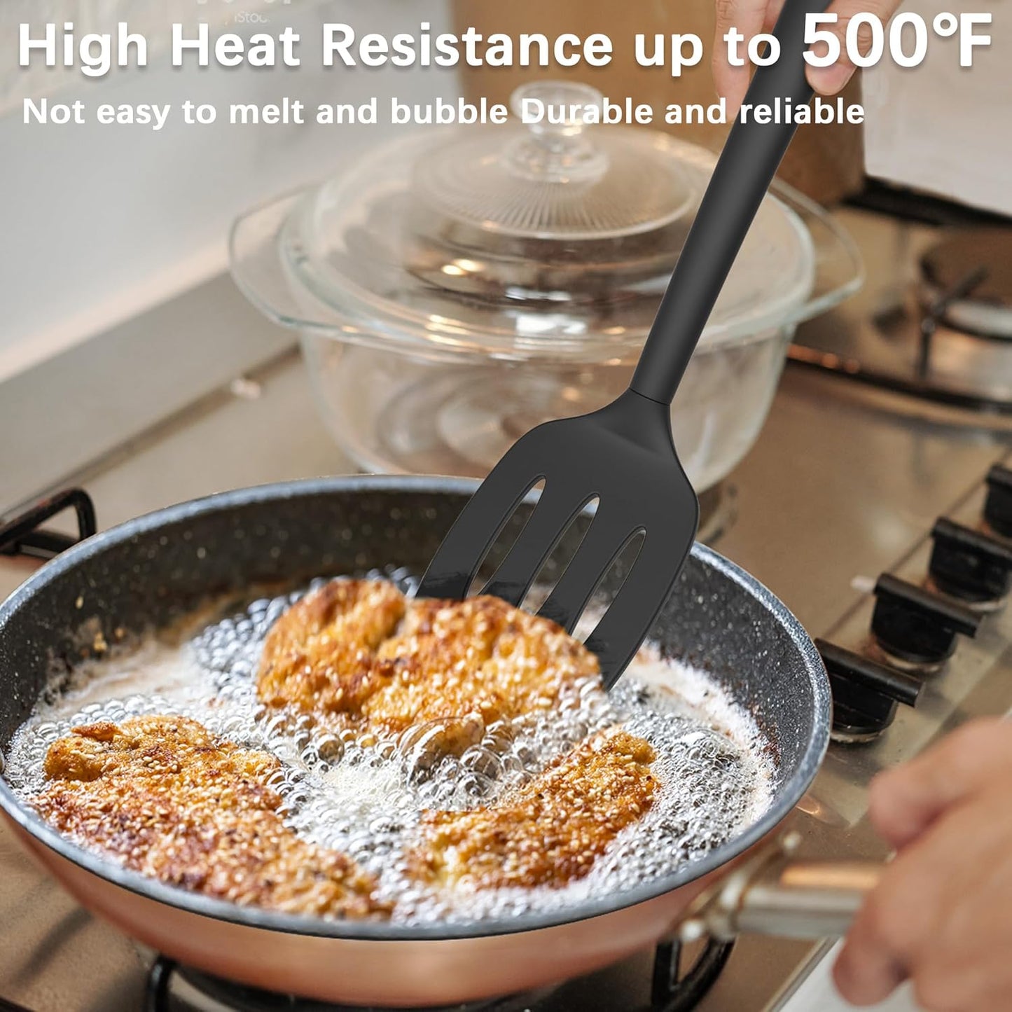 Coukre Silicone Spatula Set of 3, High Heat Resistant, BPA-Free, Kitchen Utensils, Fish Spatula, Solid & Slotted Turner for Non-Stick Pans, Flipping Eggs, Pancakes, Fish, Burgers (3, PureBlack)