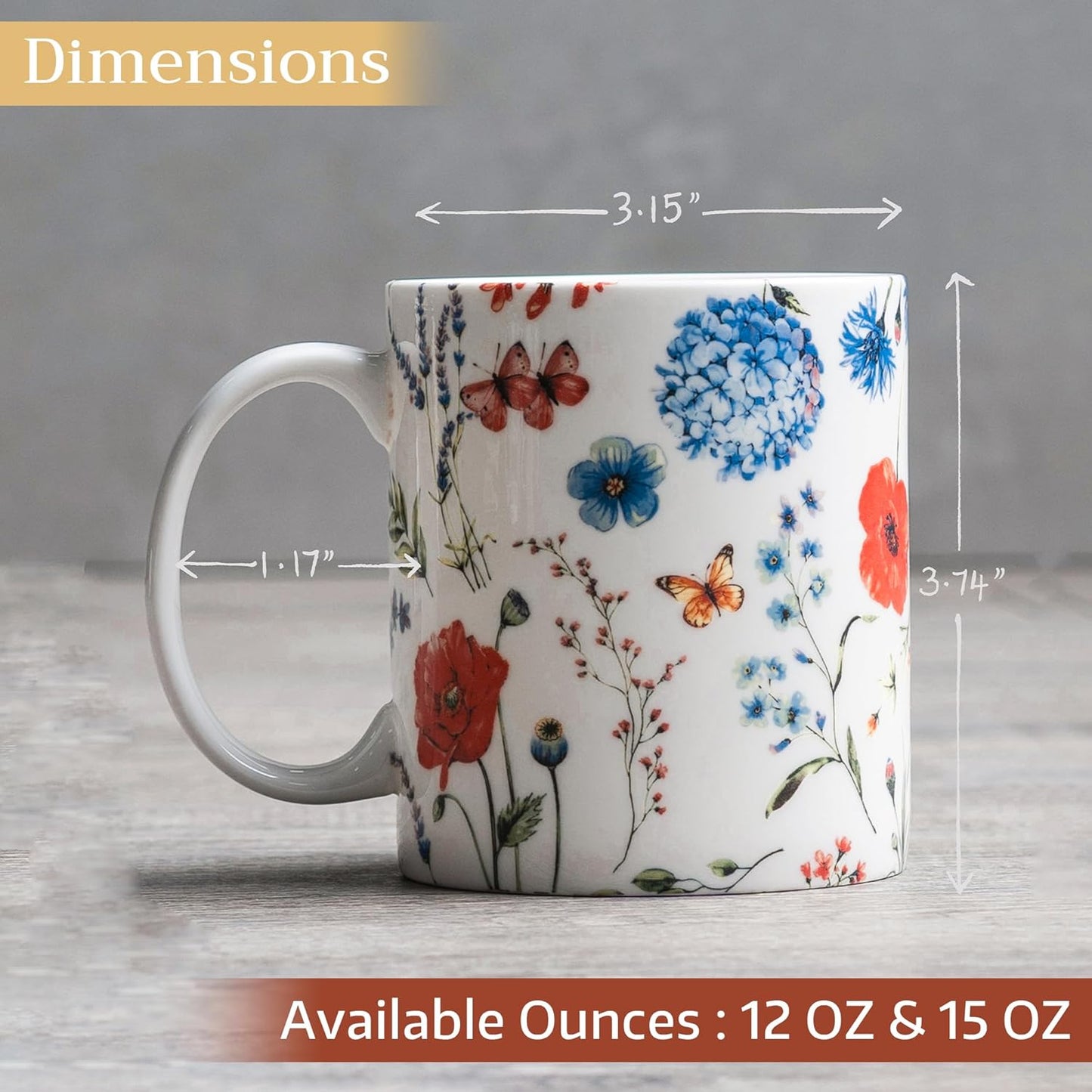 Maison d' Hermine Coffee Mug with Handles Fine Bone China Mugs Pack of One Tea Cups for Hot Beverages Cappuccino Latte Home Restaurant Office Perfect for Gift (Just Floral - Poppies Always, 12 Ounce)