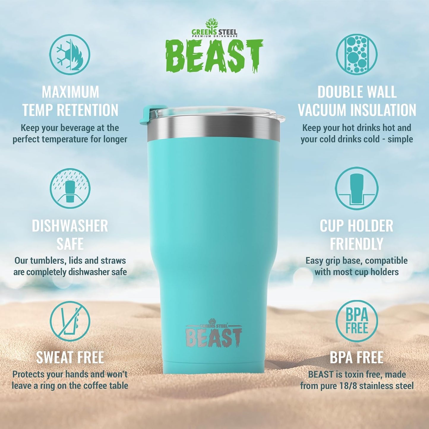 Beast 30 oz Tumbler Stainless Steel Vacuum Insulated Coffee Ice Cup Double Wall Travel Flask (Aquamarine Blue)
