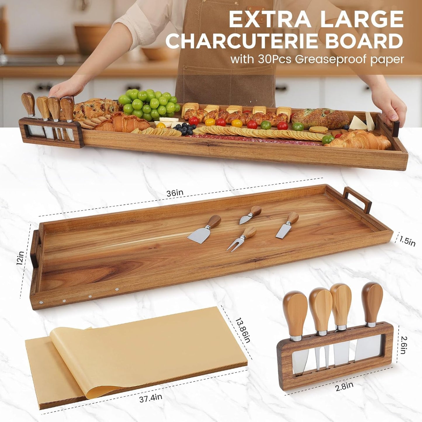 Large Charcuterie Board with Cheese Knife Set,36 x 12 Inch Acacia Wood Large Serving Tray with Handles,Long Wooden Serving Board with 30Pcs Wax Paper,3ft Extra Long Cheese Board