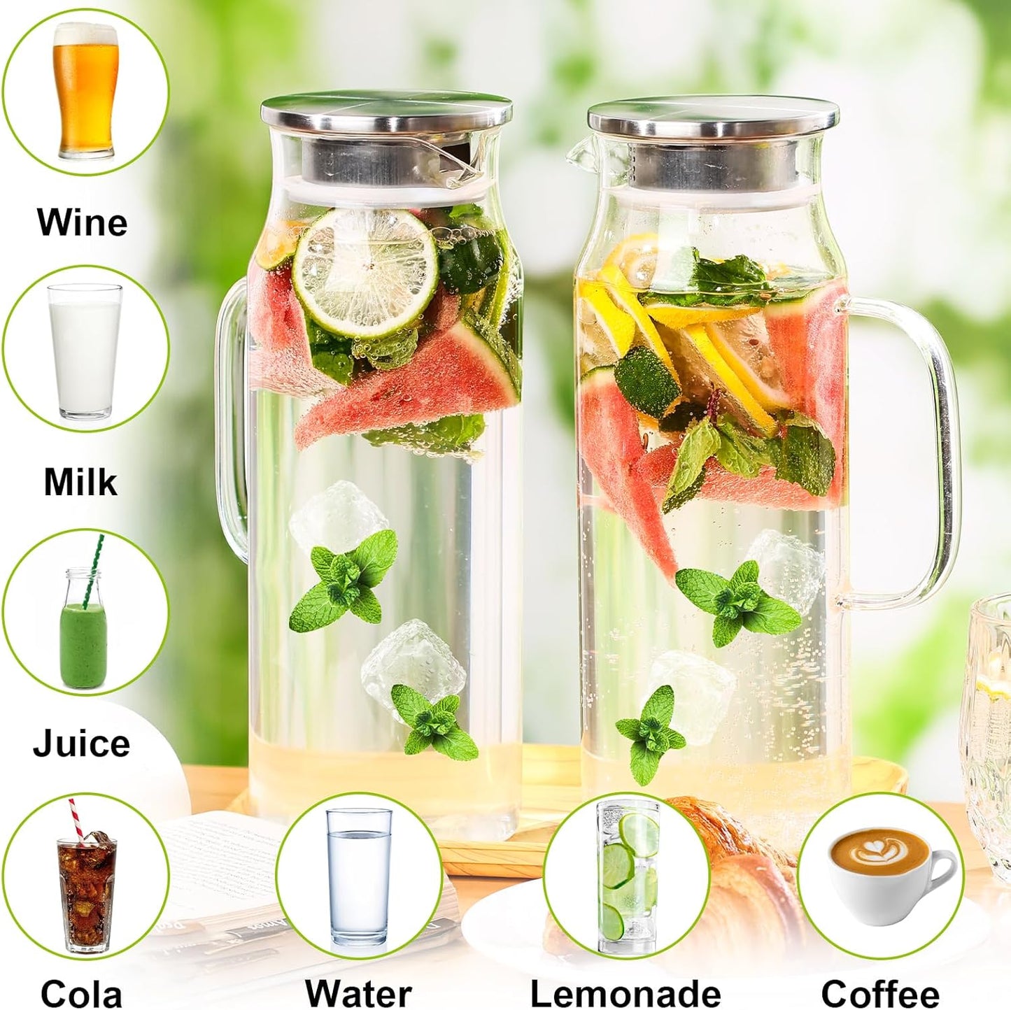 2 Pack 2L/68 oz Glass Pitcher with Lid and Handle,Square Water Pitchers for Fridge, Leak-Proof Spout,Large Ice Tea Jug for Hot/Cold Drinks, Ideal for Cold Brew, Juice, Iced Tea