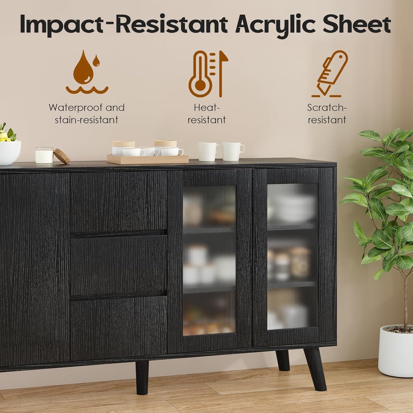 Soohow Farmhouse Buffet Cabinet, 55.5" Coffee Bar with 3 Drawers and Pop-Up Doors, Large Rustic Sideboard for Dining Room, Kitchen, Hallway, and Living Room