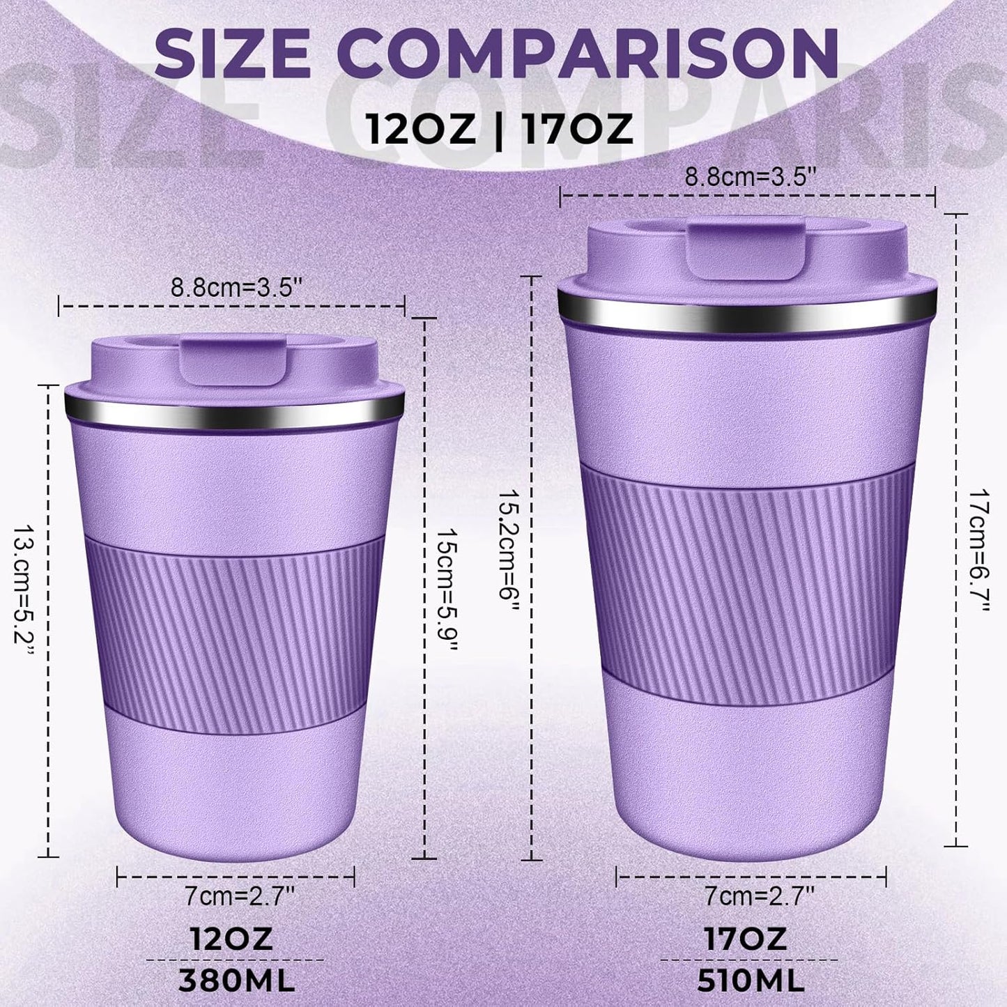 Insulated Coffee Tumbler 17 oz, Stainless Steel Coffee Mug with Lids, Travel Coffee Mug Leak Proof, Double Wall Vacuum Insulated Reusable Coffee Cup, Keep Drinks Hot and Cold (Lavender, 17 Ounces)