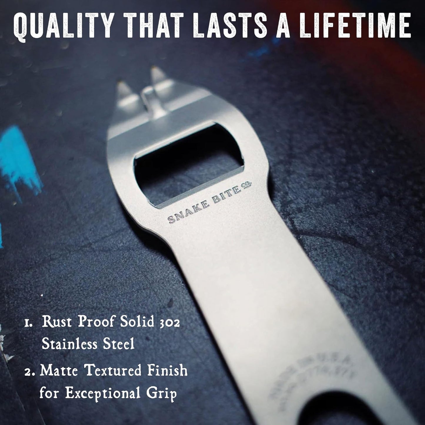 The Mamba Bottle Opener & Bartending Tool – 100% USA-Made, Patented Stainless Steel Bar Key – Flat Bottle Opener for Bartenders, Pour Spout Remover, Church Key Can Punch by Snake Bite