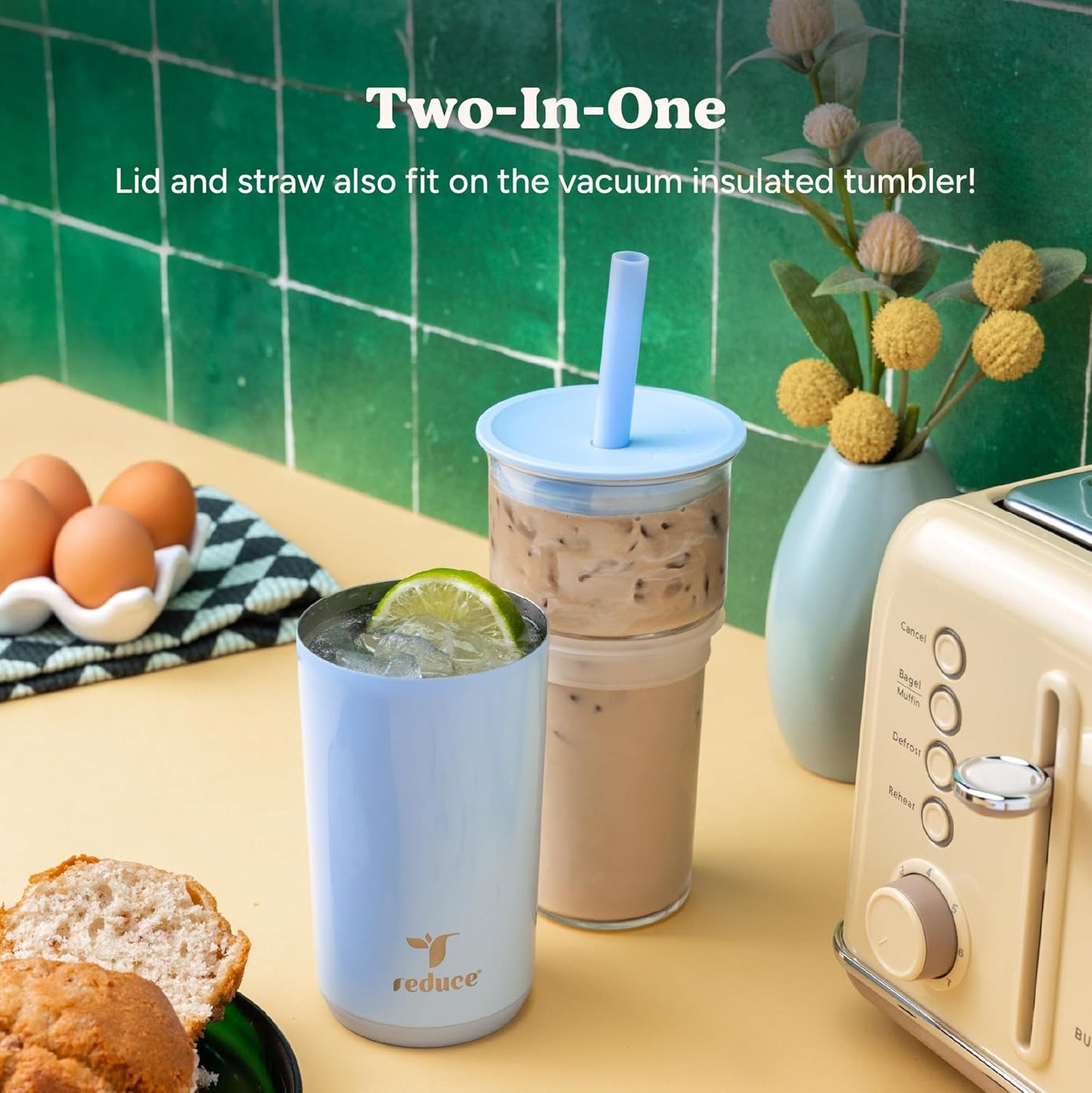 REDUCE Aspen 20 oz Vacuum Insulated Glass Tumbler with Lid & Extra Wide Straw - Keeps Drinks Cold for 12 Hrs - Ideal for Iced Coffee, Smoothies & Boba - Dishwasher Safe, Soft Base - Glacier